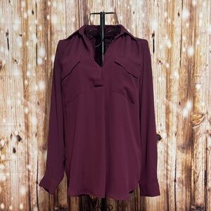 Ann Taylor Plum Long-Sleeve V-Neck Blouse